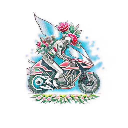 A traditional-style tattoo depicting a beautiful MV Agusta F4 motorcycle surrounded by blooming roses, symbolizing the love and devotion you have for both your favorite bike and your wife. tattoo design idea