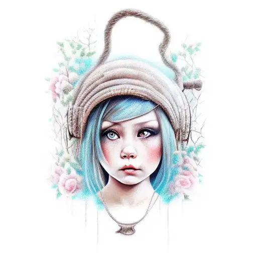girl in swing, forest background, on top realistic eye tattoo design idea
