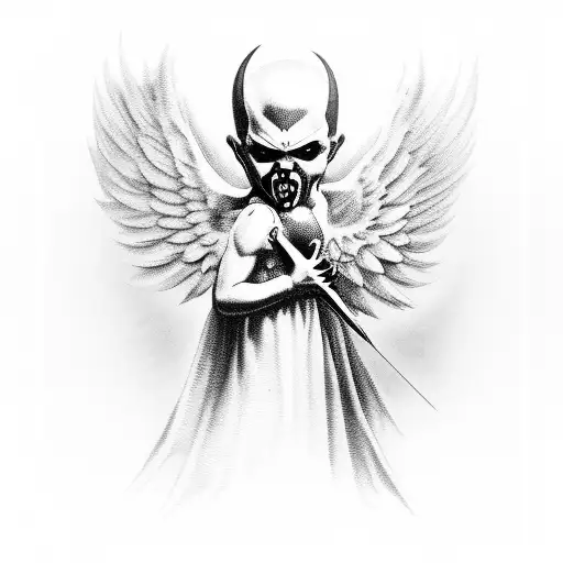 Evil Cupid angel in flight, holding a cross tattoo design idea