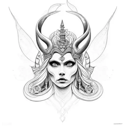 uma Deusa tríplice comporta pelas faces das deusas freya, Kali e Iansa tattoo design idea