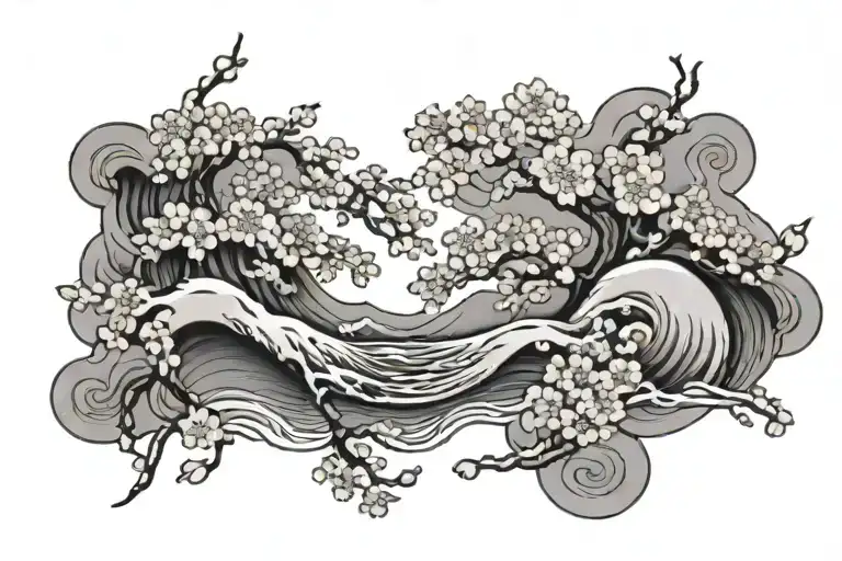 cherry blossom with the great wave of kanagawa tattoo design idea