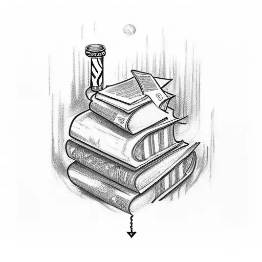 A captivating sketch-style tattoo of a stack of books with Diet Coke cans balanced on top, symbolizing the perfect combination of reading and your favorite drink tattoo design idea