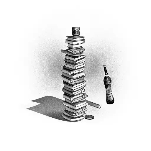 A captivating sketch-style tattoo of a stack of books with Diet Coke cans balanced on top, symbolizing the perfect combination of reading and your favorite drink tattoo design idea