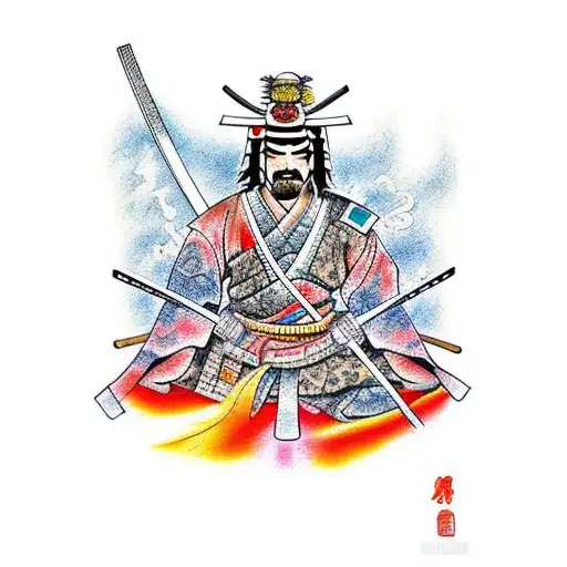 Samurai on fire color real tattoo design idea