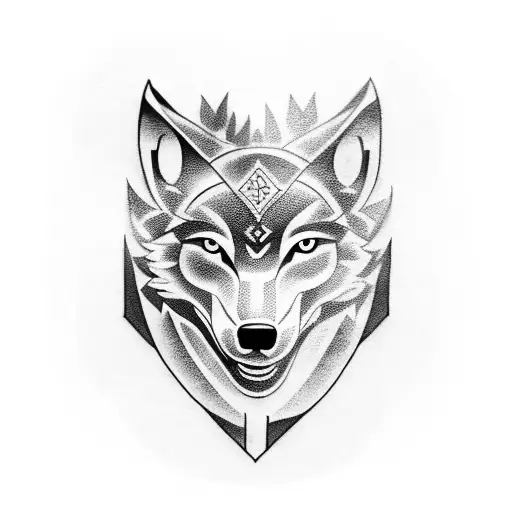 A powerful blackwork tattoo of a wolf's head surrounded by Viking runes, representing protection and wisdom tattoo design idea