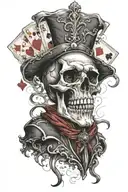 Skull with a jester hat and playing card symbols tattoo design idea