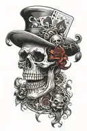 Skull with a jester hat and playing card symbols tattoo design idea