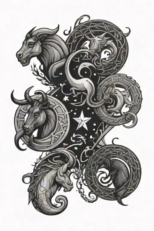 Capricorn, Aries and Scorpio zodiac signs with stars tattoo design idea