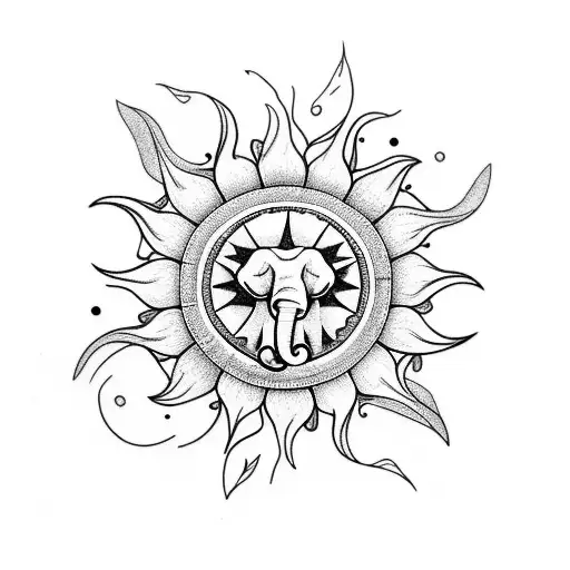 sun and elephant and forget me not flower tattoo design idea