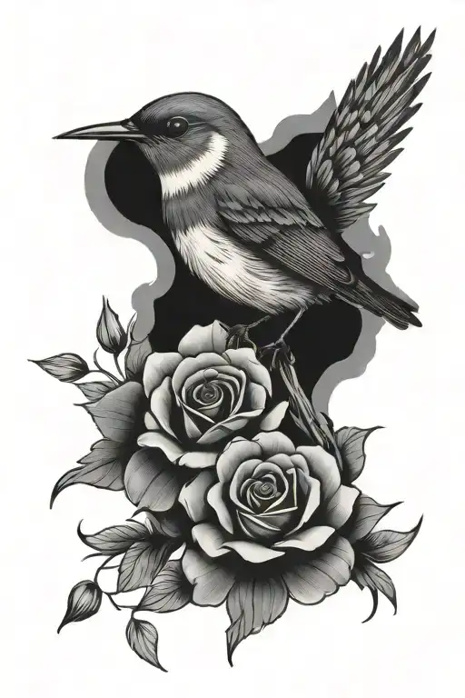 flowers with a songbird within tattoo design idea