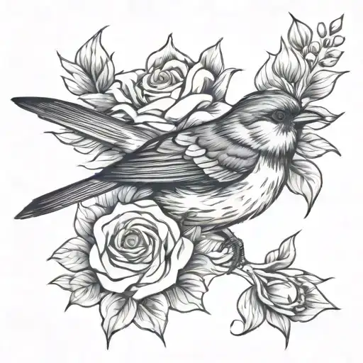 flowers with a songbird within tattoo design idea