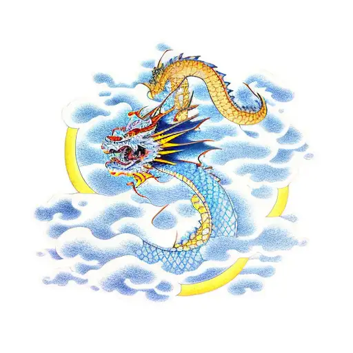 Dragon below waves and clouds tattoo design idea