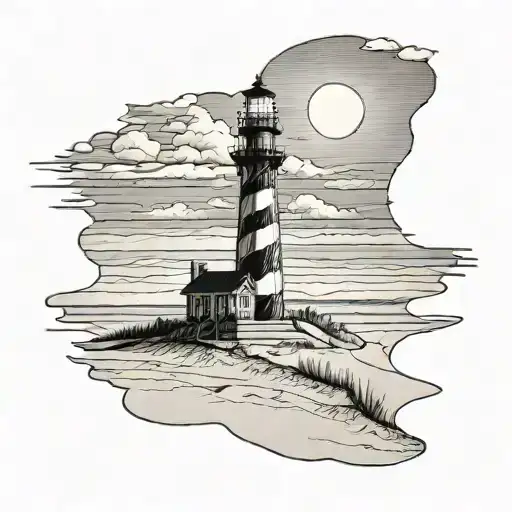 cape hatteras lighthouse with sunset in the background sitting on Sand dunes tattoo design idea