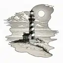 cape hatteras lighthouse with sunset in the background sitting on Sand dunes tattoo design idea