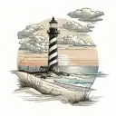 cape hatteras lighthouse with sunset in the background sitting on Sand dunes tattoo design idea