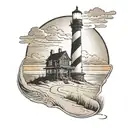 cape hatteras lighthouse with sunset in the background sitting on Sand dunes tattoo design idea
