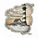 cape hatteras lighthouse with sunset in the background sitting on Sand dunes tattoo design idea