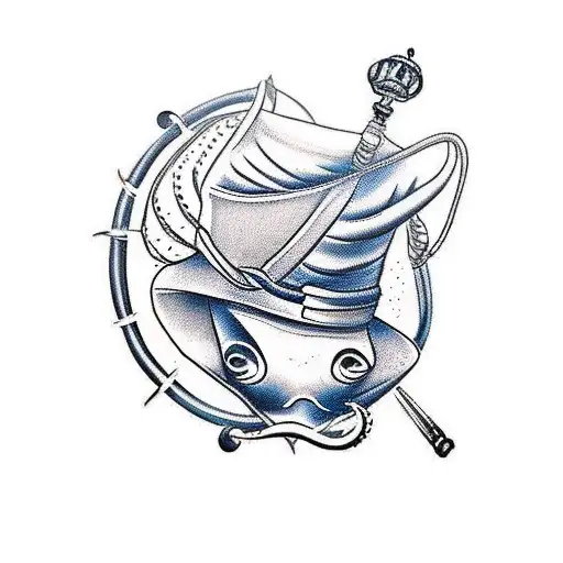 A traditional style tattoo of a captain's hat with a squid and fishing hooks incorporated into the design, reflecting the client's passion for fishing and their occupation as a captain tattoo design idea