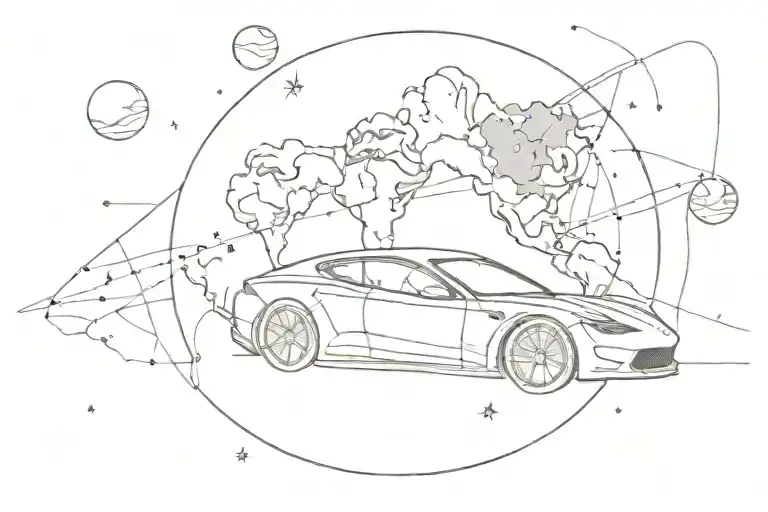 Tesla roadster. in the background is the planet Earth. tattoo design idea