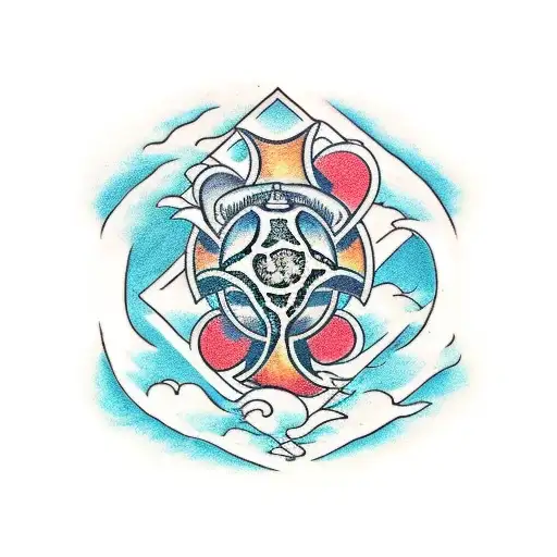 A traditional style tattoo featuring an elemental symbol integrated with a sea turtle and crashing waves tattoo design idea