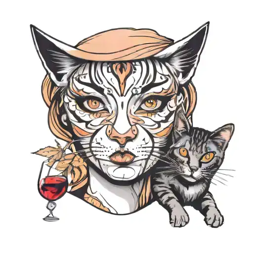 woman face with cat and glass of wine tattoo design idea