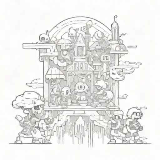 A gaming-themed half sleeve depicting a fantasy world filled with pixel art monsters and heroes tattoo design idea