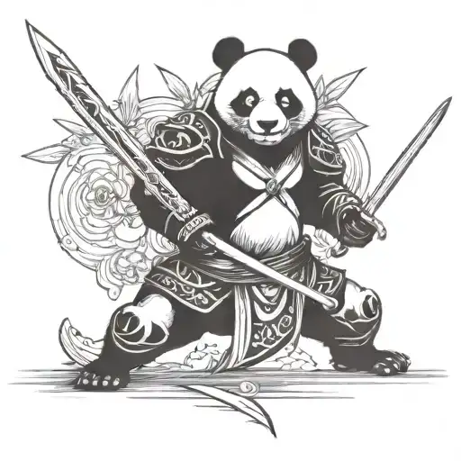 A fierce panda warrior wielding a sword in a gym setting tattoo design idea