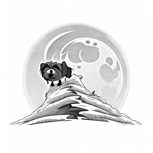 a mountain with a tree atop of it. a cairn terrier dog walking up a pathway towards mountain. moon and stars, celtic tattoo design idea