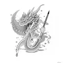 dragón rodeando una katana con flores de cerezo  tattoo design idea