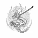 dragón rodeando una katana con flores de cerezo  tattoo design idea