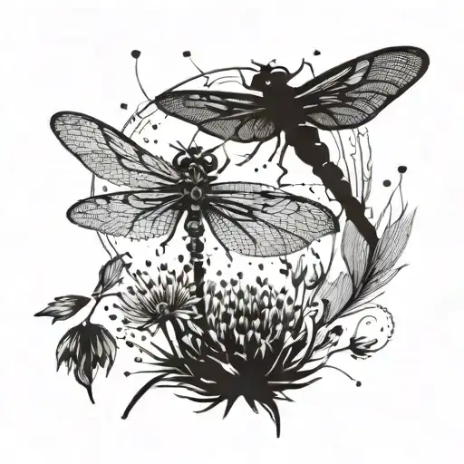 A dandelion transforming into a dragonfly with the silhouette of a mother and son camping in the background tattoo design idea