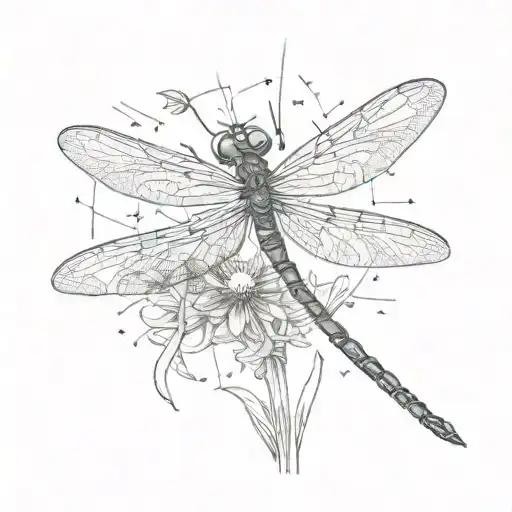 A dragonfly perched on a dandelion with a subtle camping scene within the wings tattoo design idea