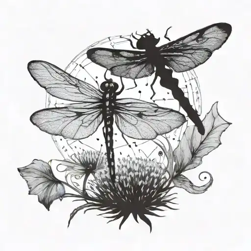 A dandelion transforming into a dragonfly with the silhouette of a mother and son camping in the background tattoo design idea