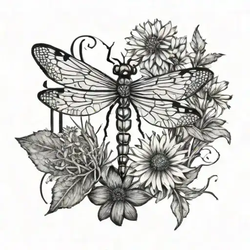 A blackwork tattoo of a dragonfly and dandelion intertwined with the initials J and L to represent Jaxson and Lincoln tattoo design idea