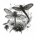 A dandelion transforming into a dragonfly with the silhouette of a mother and son camping in the background tattoo design idea