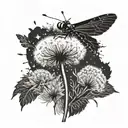 A dandelion transforming into a dragonfly with the silhouette of a mother and son camping in the background tattoo design idea