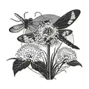 A dandelion transforming into a dragonfly with the silhouette of a mother and son camping in the background tattoo design idea