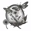 A dandelion transforming into a dragonfly with the silhouette of a mother and son camping in the background tattoo design idea