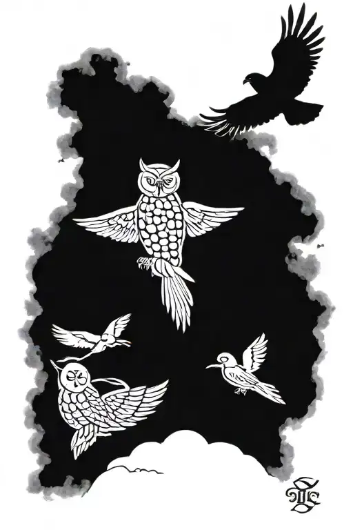 trees, owl, clouds, doves and greek god symbol in alchemy tattoo design idea