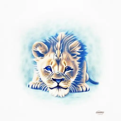lion with blue eyes. Below him is a lion cub with green eyes tattoo design idea