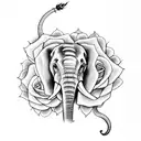 elephant with roses on thigh tattoo design idea