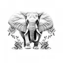 elephant with roses on thigh tattoo design idea