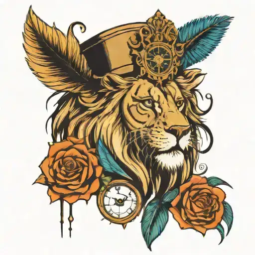 Lion's Face With A Peacock Feather, Rose Compass And Water falling from a pot  tattoo design idea