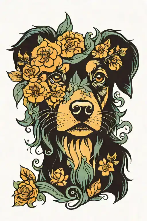 Dog, Art Nouveau, Floral tattoo design idea