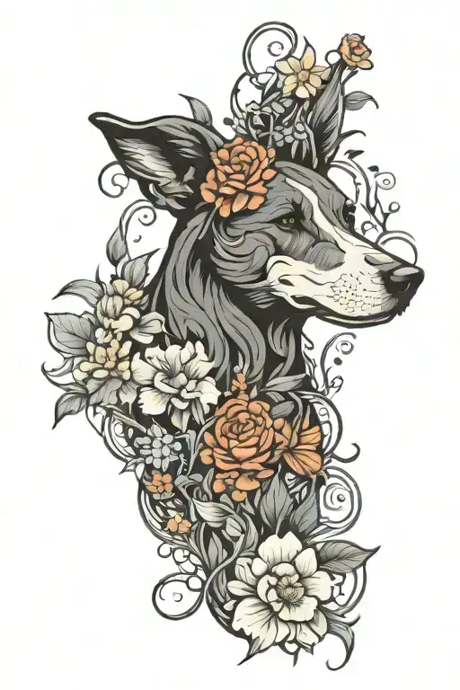 Dog, Art Nouveau, Floral tattoo design idea
