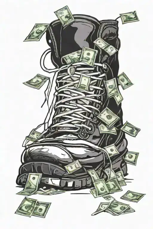 A minimalist blackwork tattoo of a hiking boot stepping on a pile of money, symbolizing the balance between nature and wealth tattoo design idea