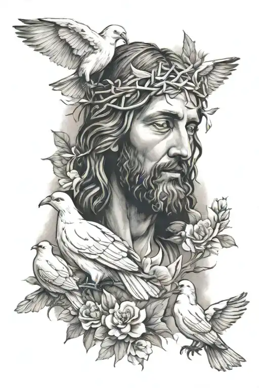 jesus with 3 white doves, 2 birth dates hidden, small mushroom hidden tattoo design idea