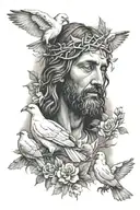 jesus with 3 white doves, 2 birth dates hidden, small mushroom hidden tattoo design idea