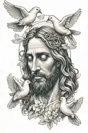 jesus with 3 white doves, 2 birth dates hidden, small mushroom hidden tattoo design idea