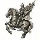 A medieval knight riding a mechanical horse into battle tattoo design idea